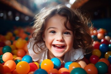Fototapeta na wymiar Happy little kid playing at colorful plastic balls playground high view. Adorable girl having fun indoors, kindergarten