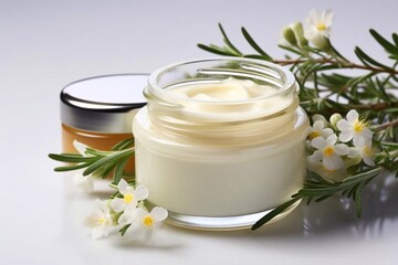 Fototapeta na wymiar Cosmetic products. Good herbal dermatological cosmetic hygiene cream with flower skin care product in glass jar on white background