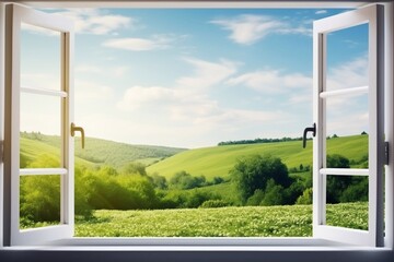 Bright, spring and summer, charming. Nature landscape view background. Window view of a beautiful nature landscape with space for your text