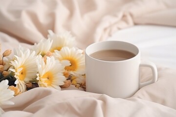Fototapeta na wymiar Light cozy bedroom, Coffee or tea cup and an flowers on the white bed. Breakfast in bed. Coffee cup and flowers on a white bed. White Concept