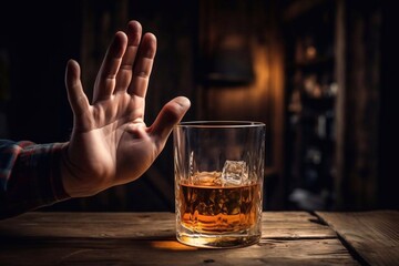 man refuses say no and avoid to drink an alcohol whiskey , stopping hand sign male, alcoholism treatment, alcohol addiction, quit booze, Stop Drinking Alcohol. Refuse Glass liquor, unhealthy, reject