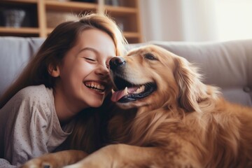 Middle aged woman enjoys spending time at home with her pets. Dog licks owner's cheek with his tongue, cat sitting on couch


 - obrazy, fototapety, plakaty