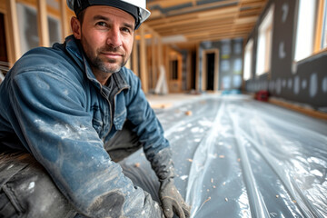 Construction worker in hard hat.. Total renovations at home.