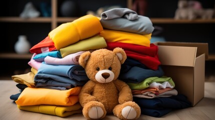 Teddy bear sitting in front of a neatly folded pile of colorful clothing and cardboard box