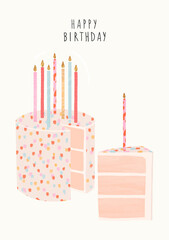 Beautiful hand drawn birthday party clip art stock illustration. Cake with candles. - 735101416