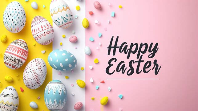 Pastel easter eggs background with the word "HAPPY EASTER" for banner, greeting card, and postcard.