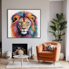 Modern armchair on the living room with colorful wall art