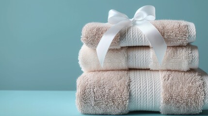 Beautifully arranged towels as a gift with ribbon beautiful background