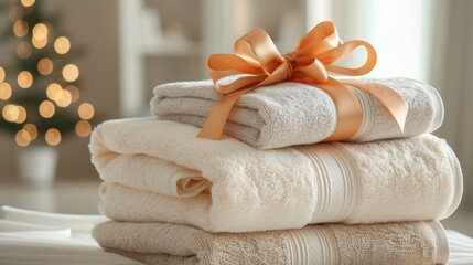 Beautifully arranged towels as a gift with ribbon beautiful background - obrazy, fototapety, plakaty