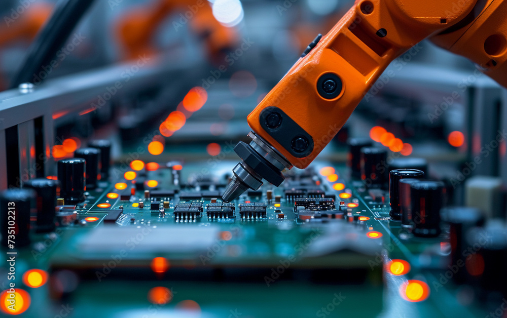 Poster a detailed view showcasing a machine precisely working on a circuit board.