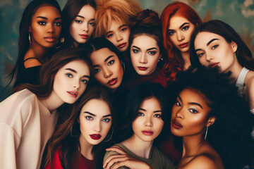 Obraz premium Group of multiethnic women with different hairstyles and makeup posing at studio 