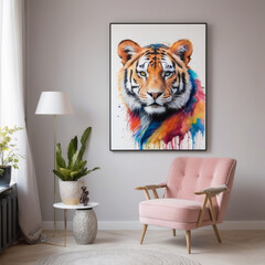 Modern armchair on the living room with colorful wall art