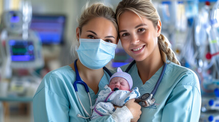 Pediatric Nurses and Newborn in Hospital. Two caring pediatric nurses, smiling as they hold to a newborn baby in the hospital.