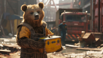 A bear wearing workers overalls holding a lunchbox in a backdrop of an industrial construction site for a hyper realistic 3D rendering - obrazy, fototapety, plakaty