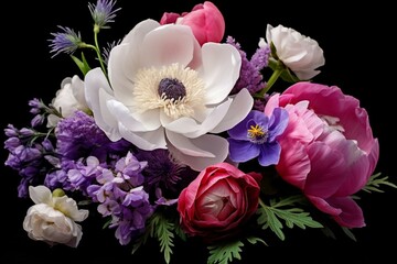 A bouquet of colorful flowers, including pink peony, white roses, red anemone, and purple tulip, isolated on a black background. Perfect for wedding invitations or greeting cards. Generative AI