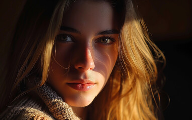 A photograph showcasing the face of a multiracial woman with long blonde hair and striking blue eyes.