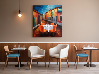 Modern armchair on the living room with colorful wall art