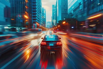 Fototapeta na wymiar moving car with blur light through city at night. AI generated illustration