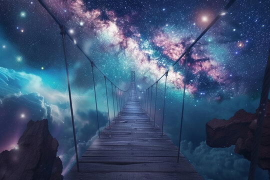A picture perfect scene of a suspension bridge hanging in the middle of a distant starlit galaxy in outer space