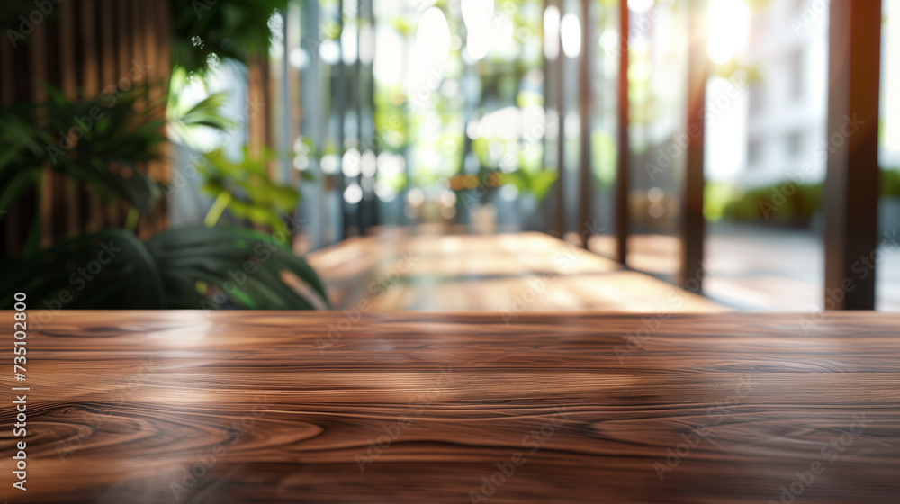 Poster cafe restaurant or coffee shop with abstract bokeh lights defocused blur background with table for p