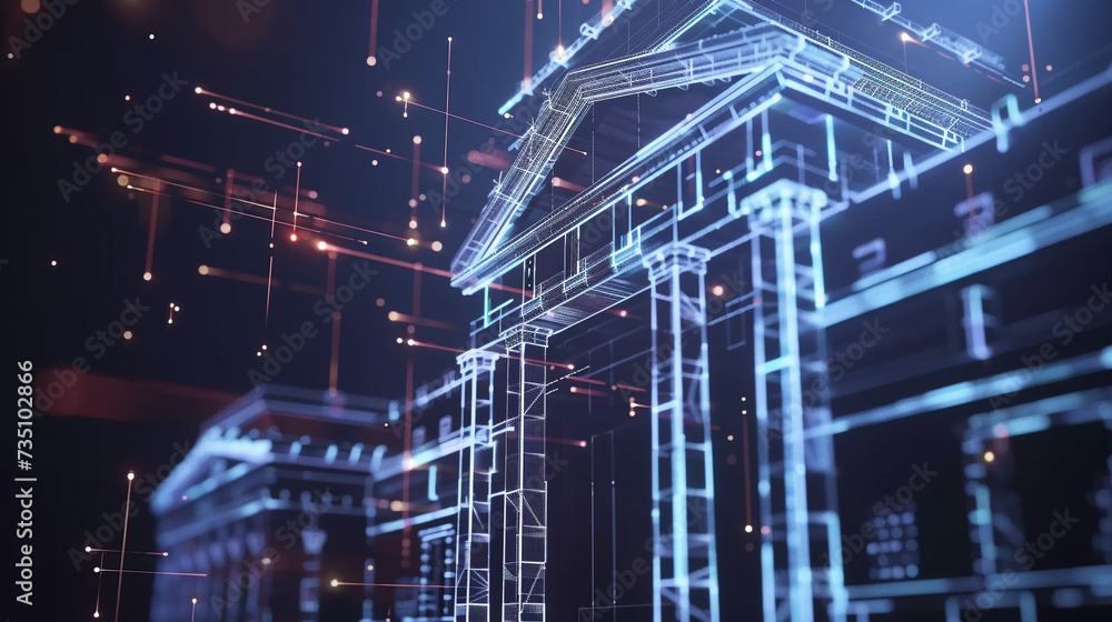 Poster a unique 3d rendition of a high tech bank characterized by wireframe animations