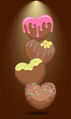 Four chocolate candies with glaze, sprinkles, decoration, illuminated by bright light from above for card, poster, packaging, advertizing, web, cover.