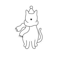 Vector isolated one single funny cat in knitted hat with a pompom and a scarf colorless black and white contour line easy drawing