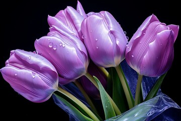 Ethereal beauty of vibrant purple tulips against a clear background. Generative AI