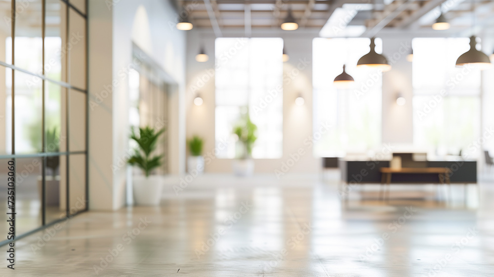 Poster blurred empty open space office. abstract light bokeh at office interior background for design.