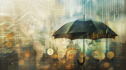 An umbrella shields against a backdrop of digital financial data and cityscape.

