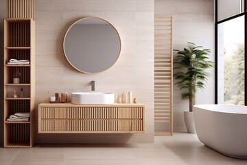 
Modern vanity design, using wood-look material pairing with white ceramic sinks and a stylish round mirror on the beige wall of the shower room. A concept of interior trends. 3d rendering - obrazy, fototapety, plakaty