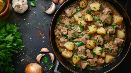 The image depicts a freshly cooked beef stew containing tender chunks of meat and baby potatoes, garnished with chopped parsley. The stew is in a dark cast iron skillet, surrounded by ingredients such