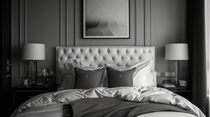 This image showcases a stylish bedroom featuring a large bed with a tufted headboard, adorned with plush pillows and a cozy blanket. The bed is flanked by two matching nightstands, each with a classic