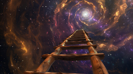 An example of a rustic wooden ladder juxtaposed against the intricate swirls of a distant galaxy