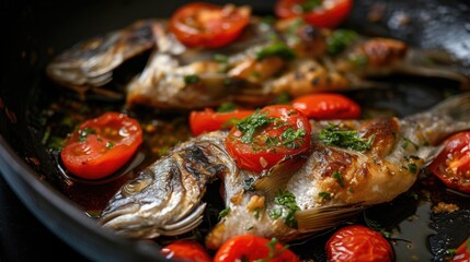 The image shows a close-up view of golden-brown, pan-seared fish with crisp skin, likely fresh out of the skillet. The fish are garnished with vibrant green herbs and bright red halved cherry tomatoes - Powered by Adobe