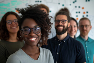 Fototapeta premium Group, portrait and business people in an office for collaboration, teamwork and corporate meeting. Confident, empowerment and diverse staff standing together for support and leadership in workplace