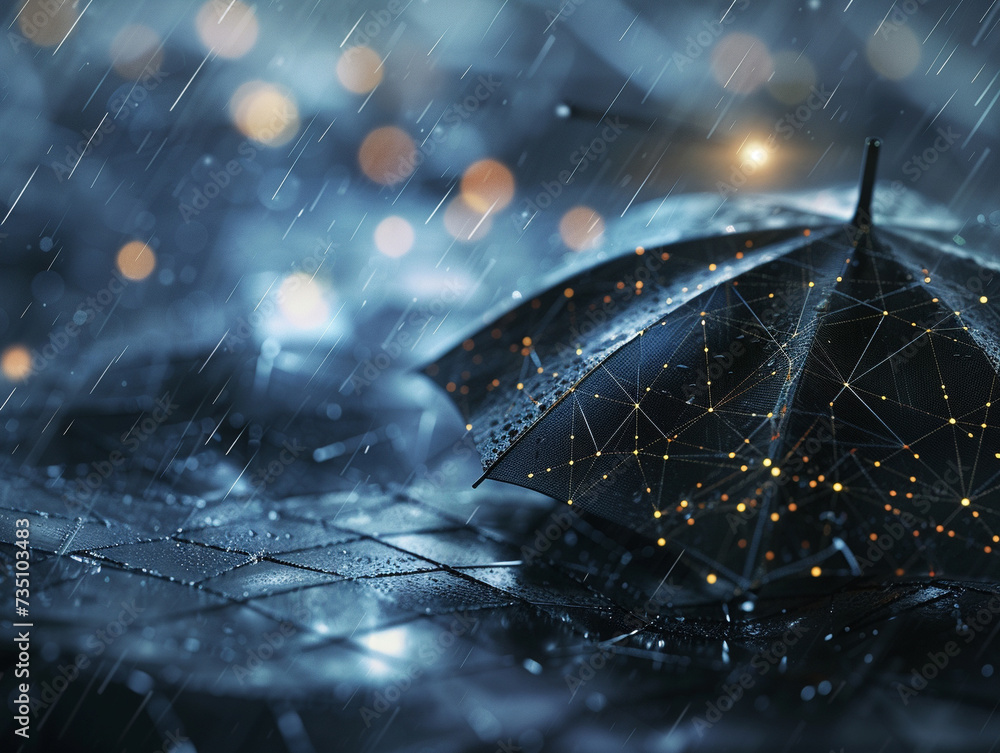 Poster conceptual representation of an umbrella intertwined with a combination of finance and artificial in