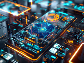 Fototapeta premium Design a holographic interface streaming from a modern smartphone in a 3D render