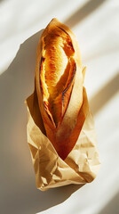 Top view of crispy baguette in paper bag against white background with aesthetic shadows. Bakery concept. Generative AI