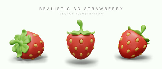 3D strawberry in cartoon style. Ripe red berry with green leaves and yellow seeds