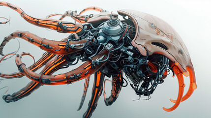 Imaginary sea creature created with mechanical parts and multiple robotic tentacles in a 3D render