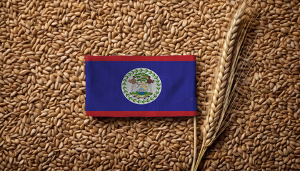 Grains wheat with Belize flag, trade export and economy concept. Top view.