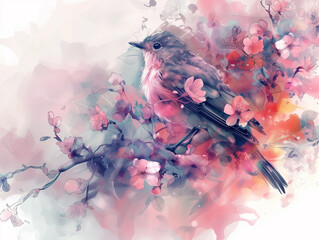 bird on a blossomed branch, watercolor illustration wallpaper, spring banner with pink shades