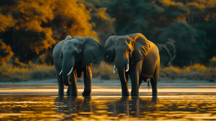 Obraz premium Elephant herd crossing river at sunset. a family of elephants playing in a river. A large lonely elephant in the setting sun. Herd of elephants walking across river. Group of wild elephants walking.