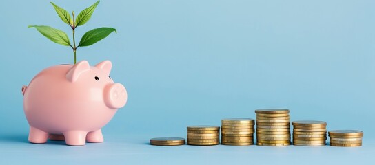 A pink piggy bank on blue background with copy space. AI generated illustration