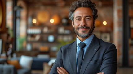 Fototapeta premium Confident Middle-Eastern businessman in a suit standing in an office, Ai generated image