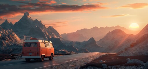 travel van is driving down a road with mountain in the background. - obrazy, fototapety, plakaty