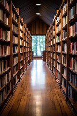 Aisle in a classic library with towering bookshelves and a pointed ceiling