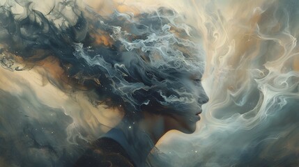 Digital Painting of a Woman in an Ocean of Smoke and Ice