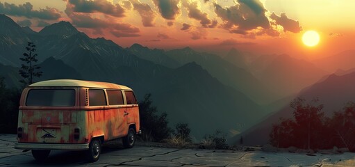 travel van is driving down a road with mountain in the background.